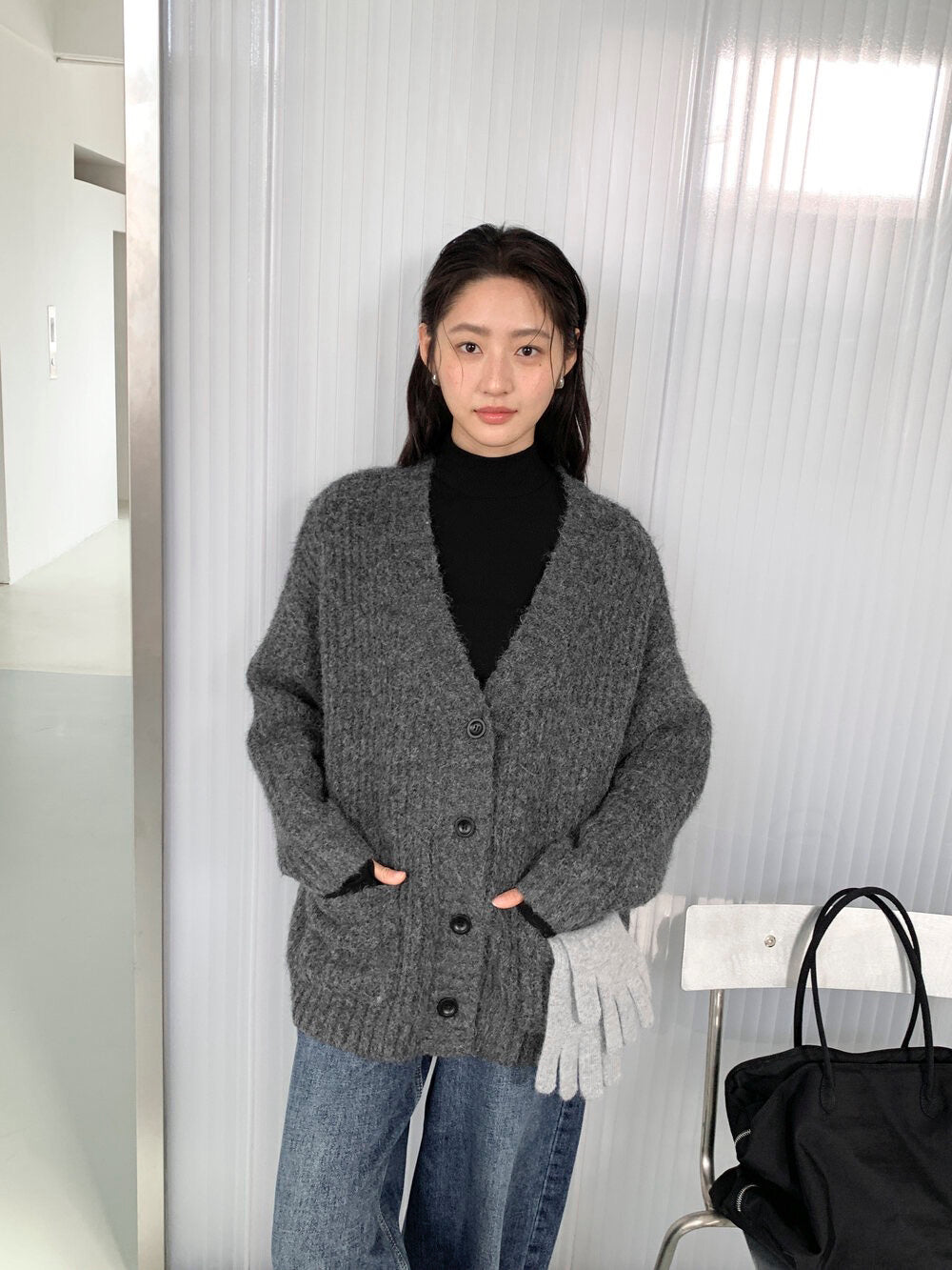 // 8%wool深v粗織邊口袋中長CD