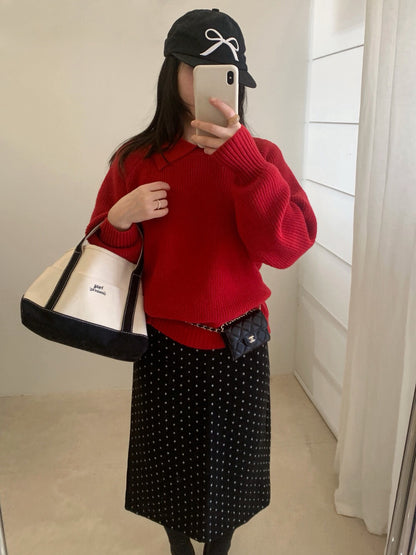 // 部分撞色翻領插肩毛衣