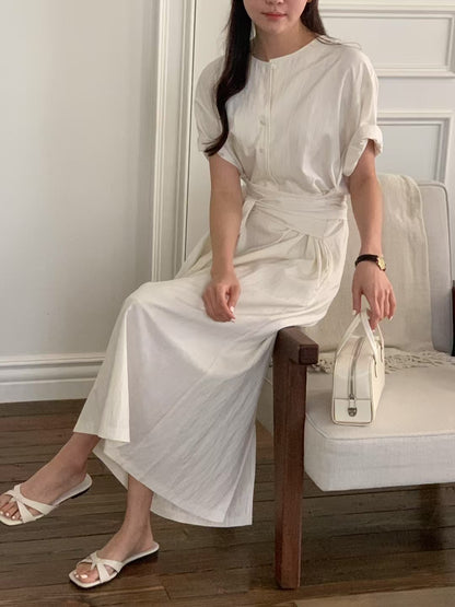 (現貨) 設計師款 // 綁帶腰半排扣短袖OPS