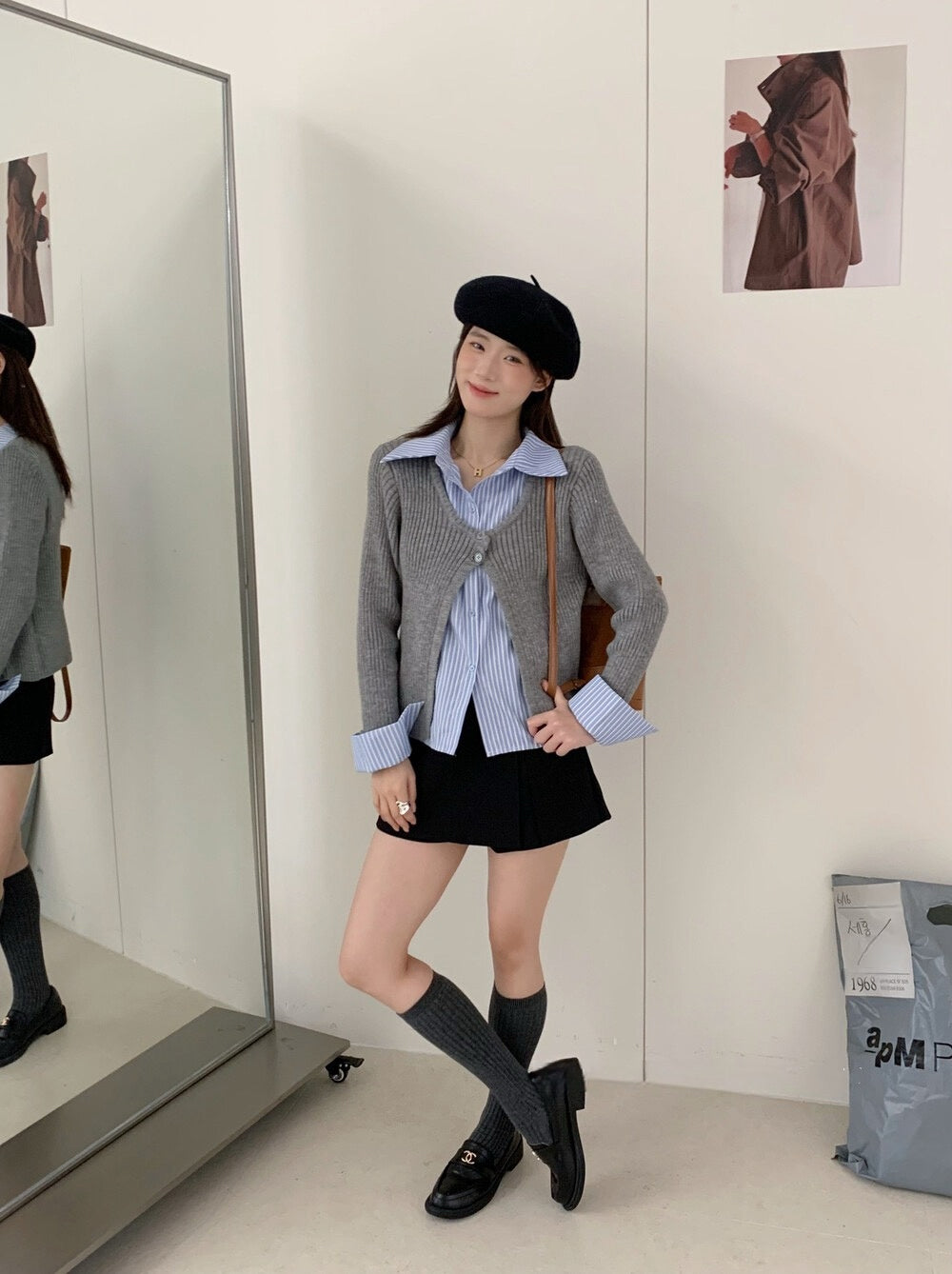 // 間條恤衫拼接針織外套假兩件上衣