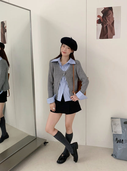 // 間條恤衫拼接針織外套假兩件上衣