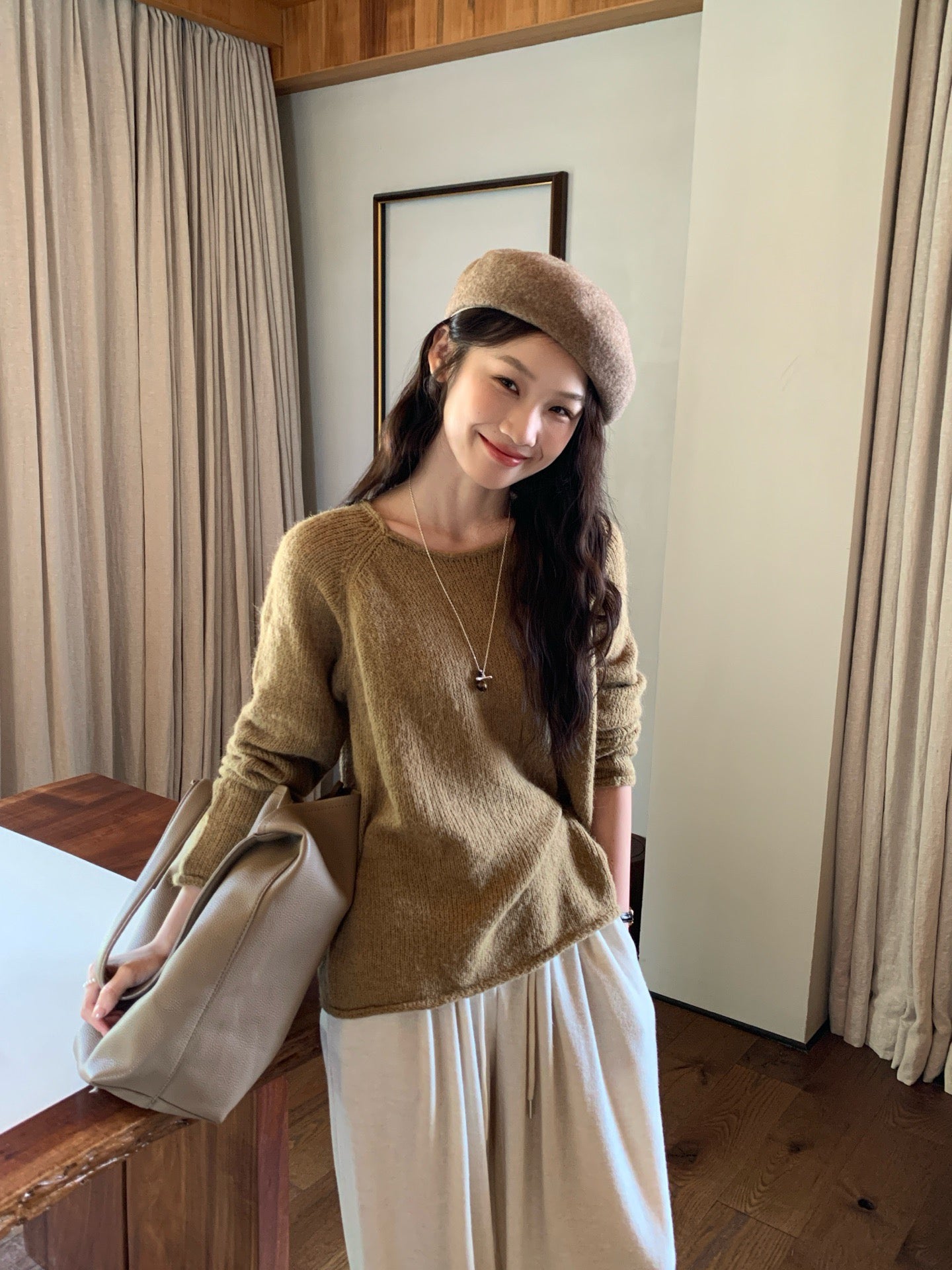 // 超美色系慵懶落肩針織上衣