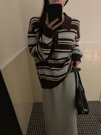 // 100%羊毛復古拼色間條翻領毛衣