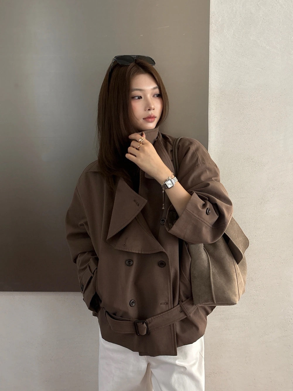J52 / 帥氣可立領連腰帶修腰trench coat