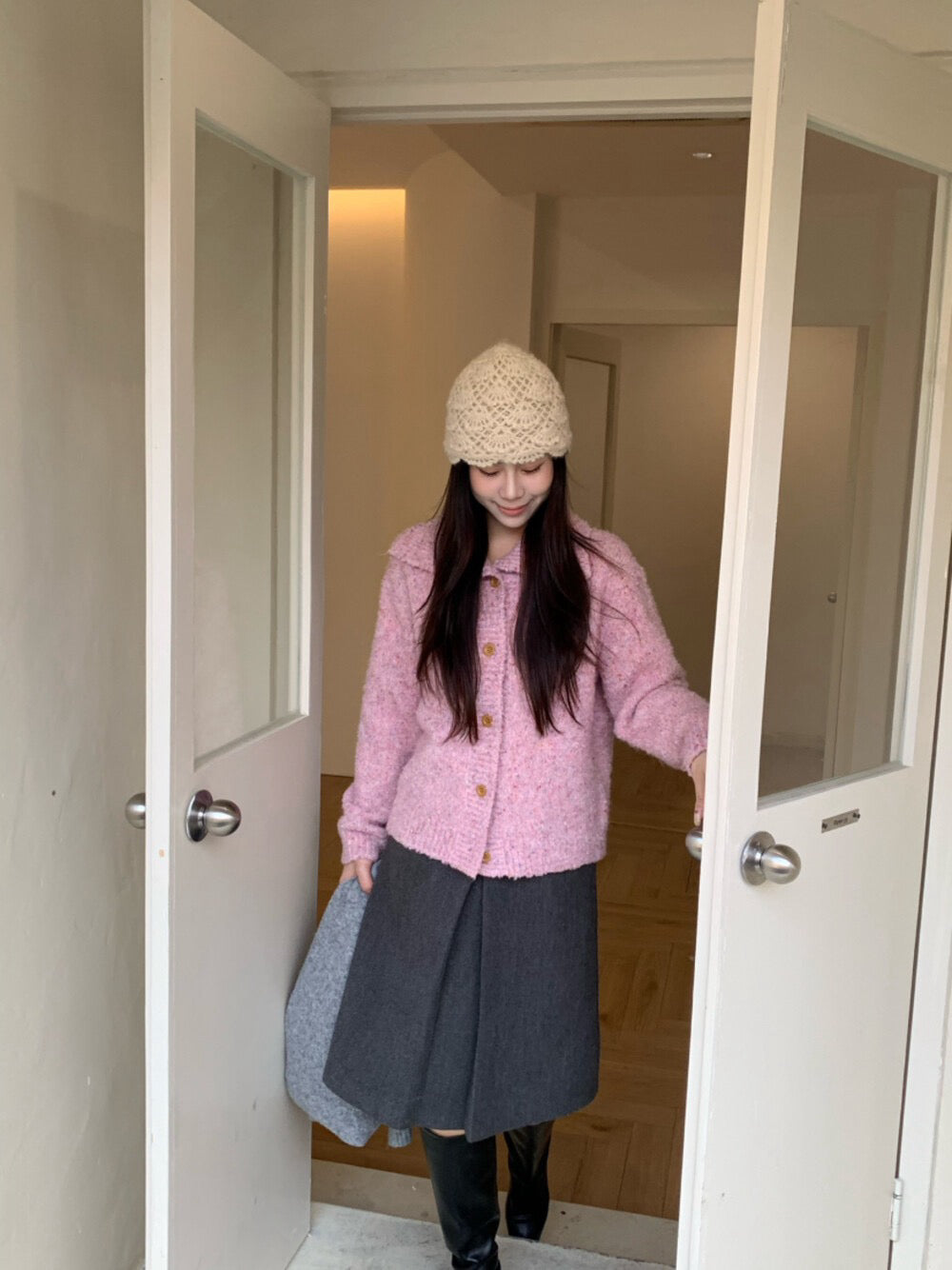 // “草莓牛奶”混針翻領開鈕毛衣