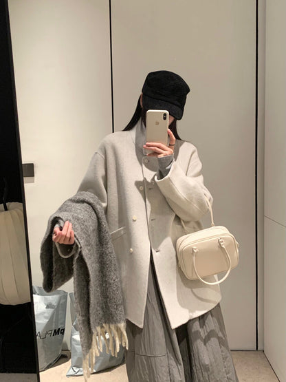 // 90%羊毛+10%羊駝毛小立領斜口袋手工外套