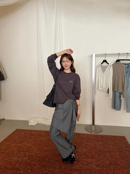 B151 / 休閒風小刺繡間條長袖上衣