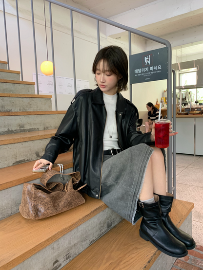 // 復古帥氣彷皮機車外套