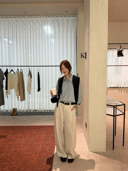B73 / 小交叉刺繡口袋中短款挺版恤衫(連針織披肩)