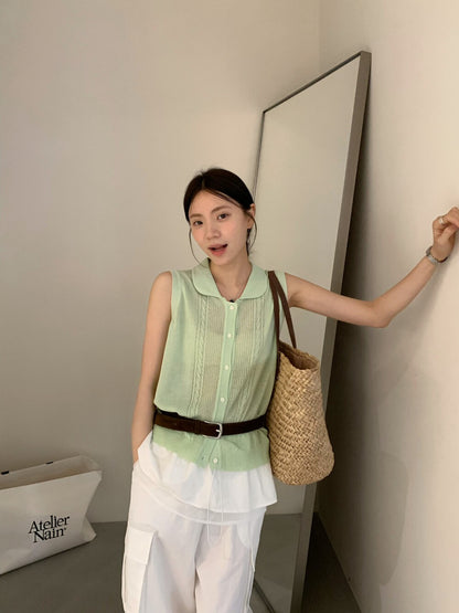 // 圓翻領細麻花織紋針織背心