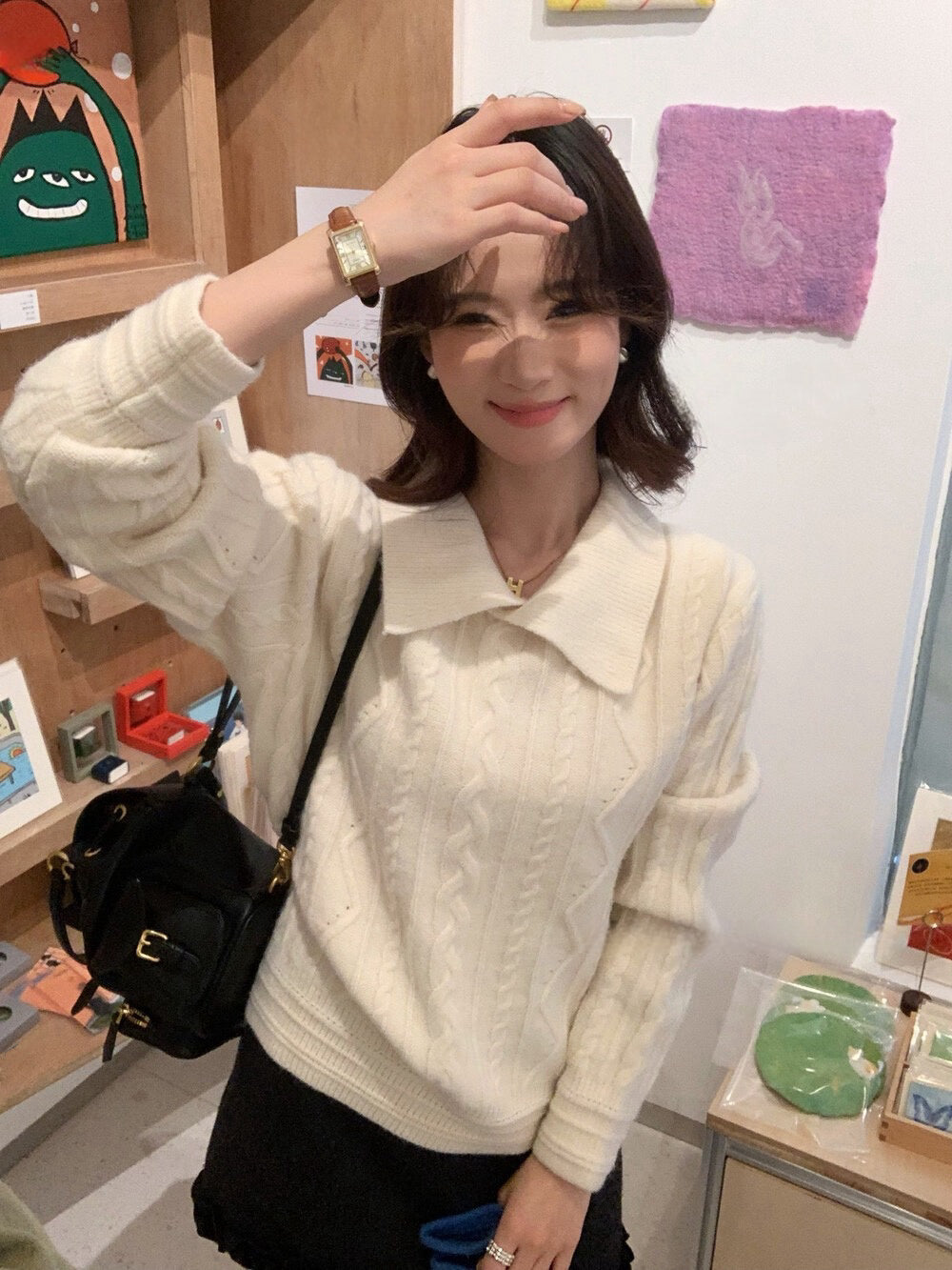 // 簡約麻花翻領毛衣