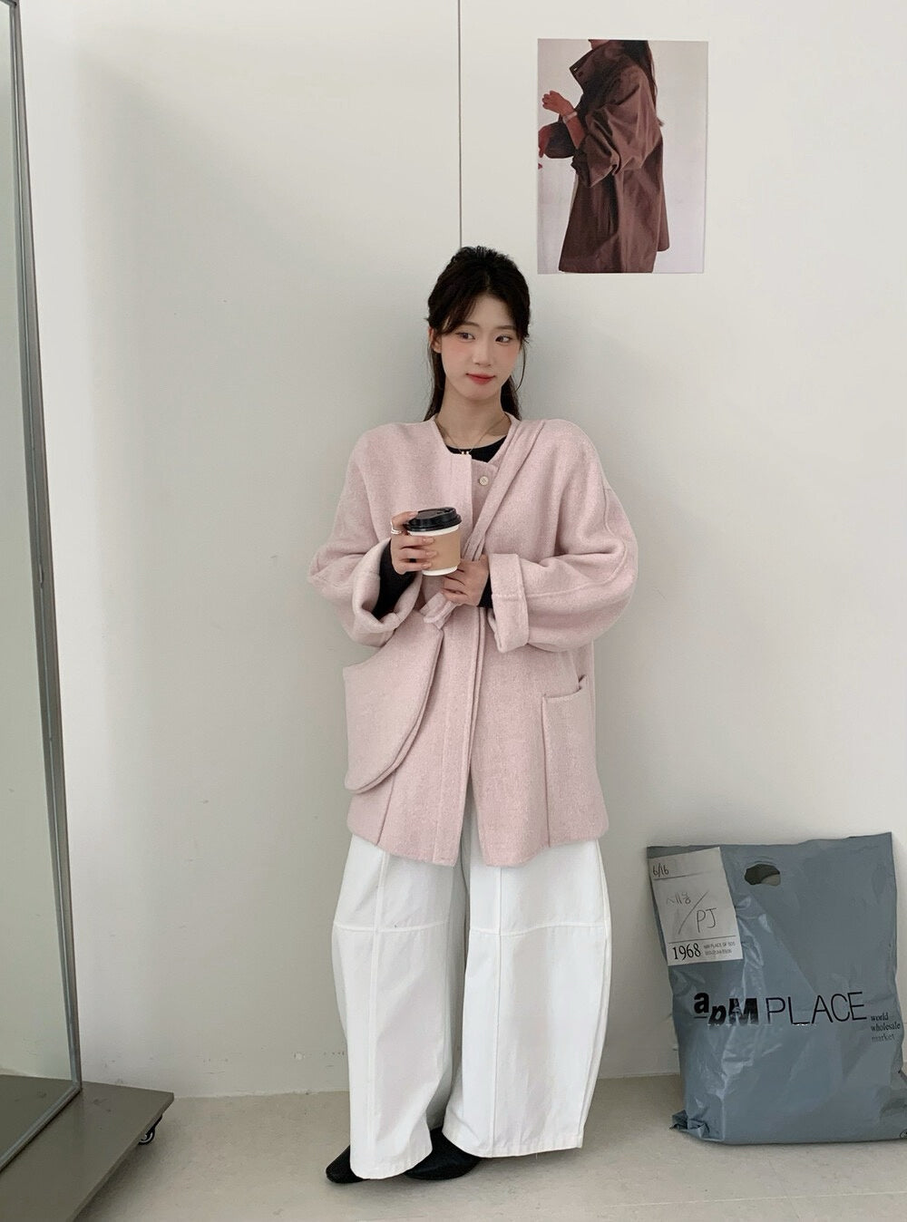 // 100%wool圓領大袋雙面毛呢外套(連袋仔)