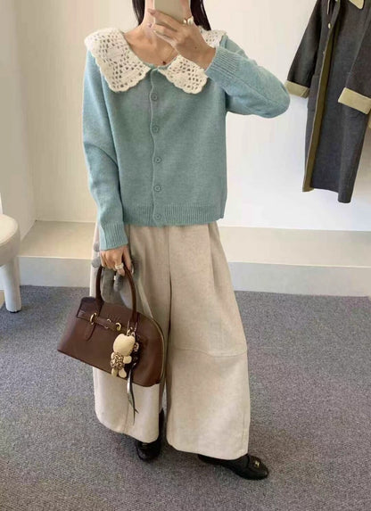 // 拼接鈎花針織翻領排扣毛衣