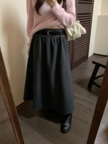 // 7%wool壓褶A字超遮肉半截裙(連腰帶)