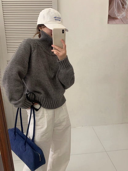 // 半拉鍊直坑紋領套頭NT