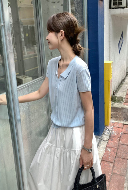 // 花邊翻領綁帶直紋麻質針織上衣