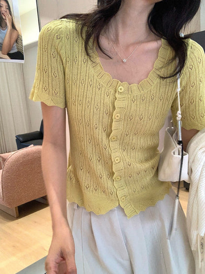// 鏤空鈎花花邊麻質短袖CD