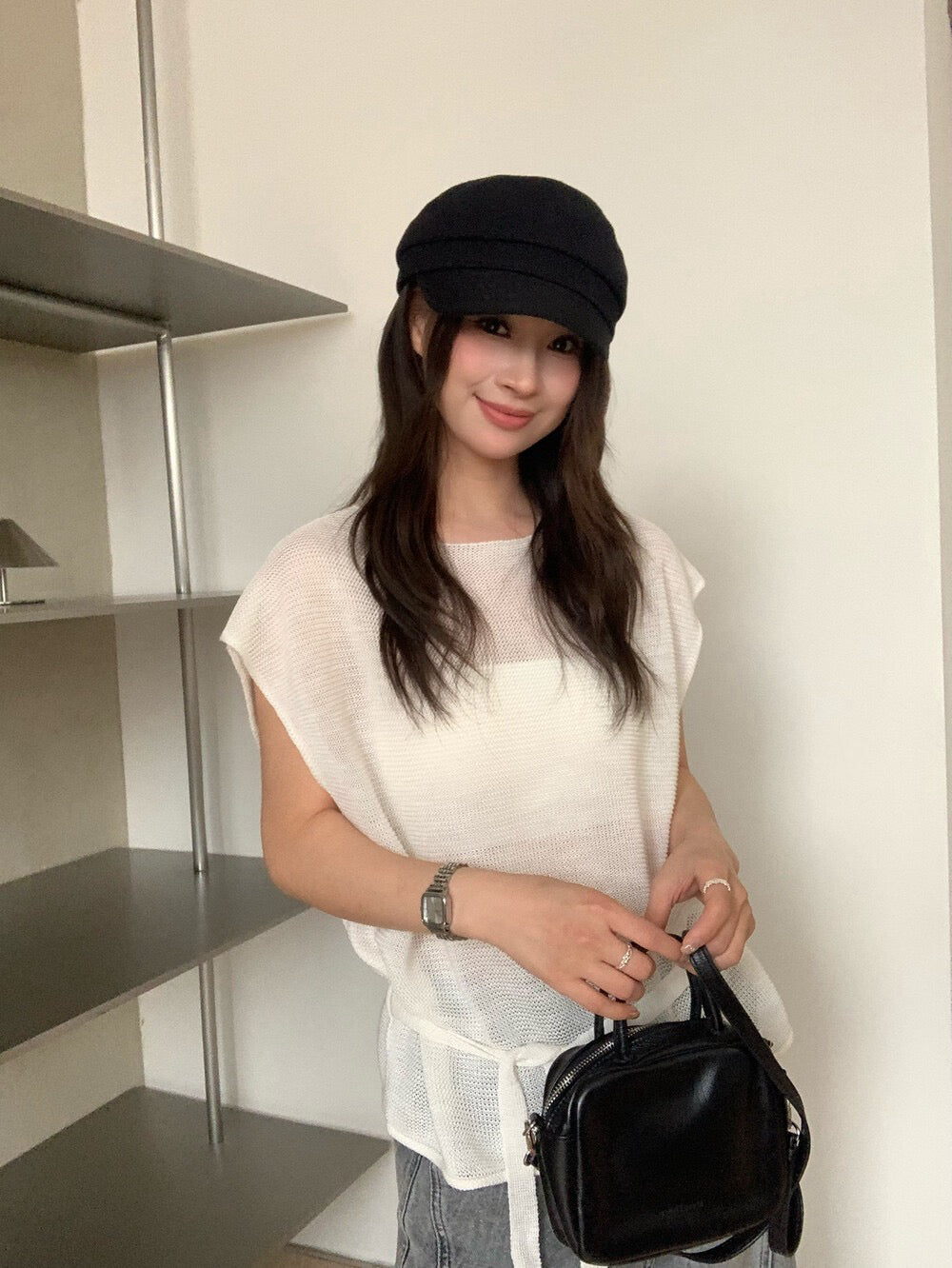 // 高級感飛飛袖綁腰針織上衣