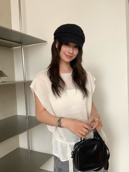 // 高級感飛飛袖綁腰針織上衣