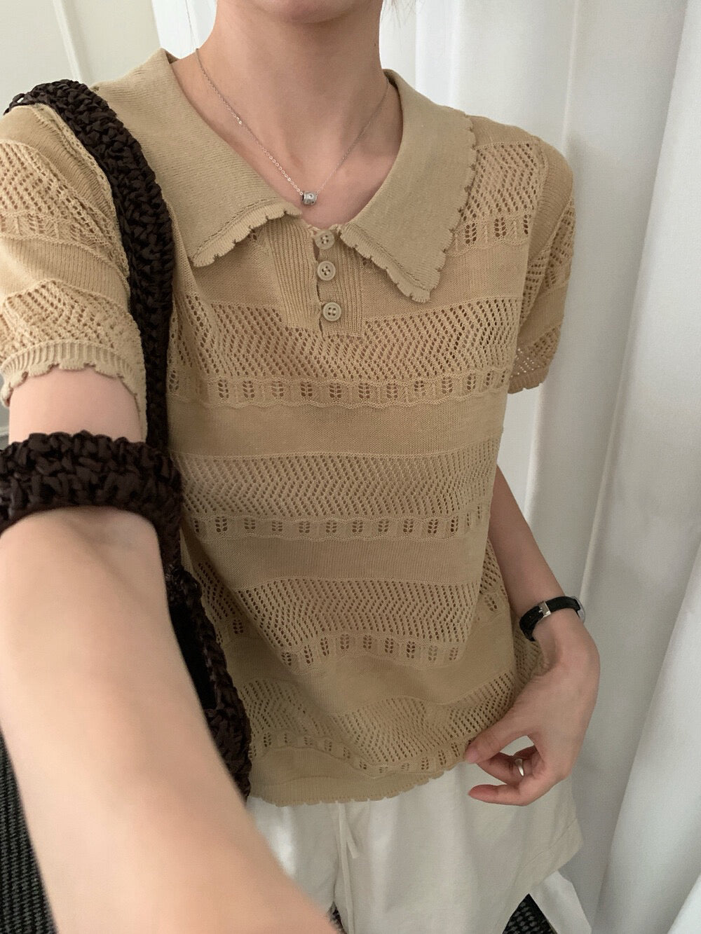 K19 / 精緻鏤空花邊翻領lyocell polo NT