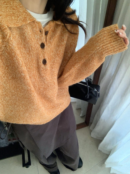 // 軟糯混兔毛花線鈕扣翻領毛衣
