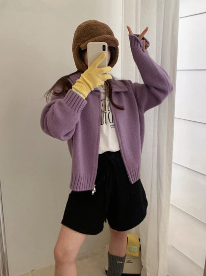 // 直坑紋大翻領上下拉鍊落肩CD