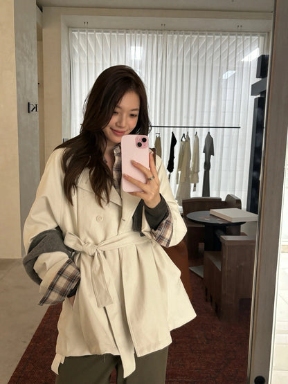 J30 / 質感雙排扣啞光彷皮trench coat外套