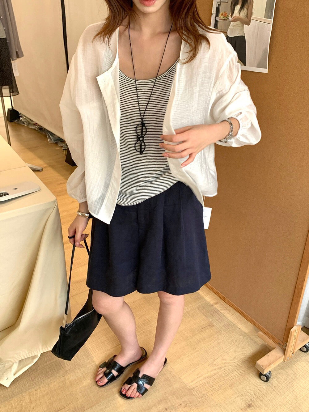 // 簡約圓領防曬小外套+間條小吊帶套裝￼