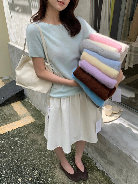 B50 / 必入！顏色極美薄款羊毛拉絨短袖針織上衣(95%wool+5%cashmere)