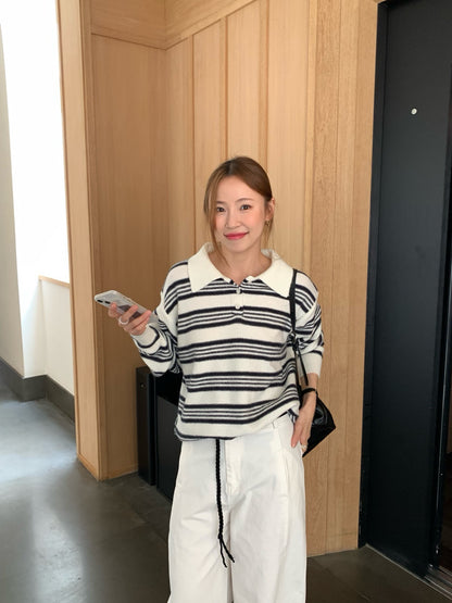 // 復古拼間翻領針織上衣