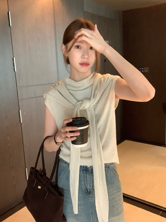 // 可分開慵懶半高領小短袖NT+披肩兩件套