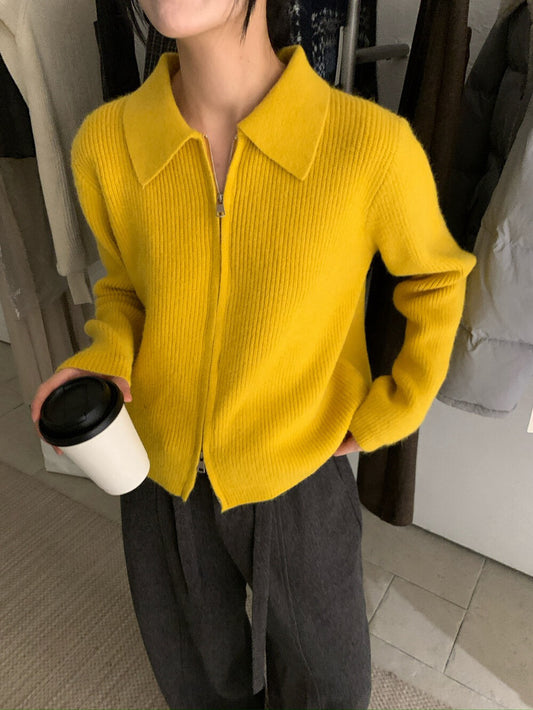 // 細直坑紋翻領上下拉鍊CD