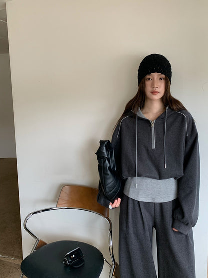 // 假兩件連帽拉鍊上衣+全長褲兩件套