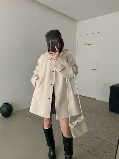 // 100%羊毛拼毛毛領中長手工外套(連袋仔)