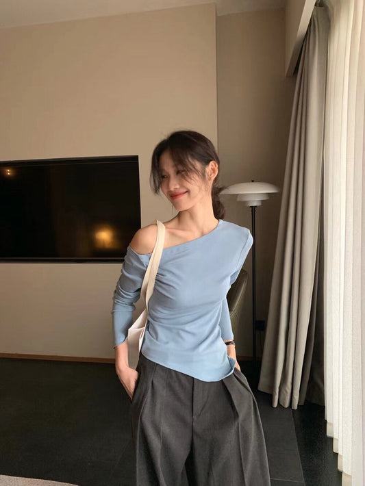 // 50%cotton+50%loycell親膚斜肩不規則長袖上衣