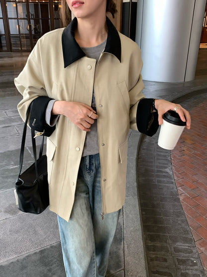 // 經典款撞色領口中長款trench coat