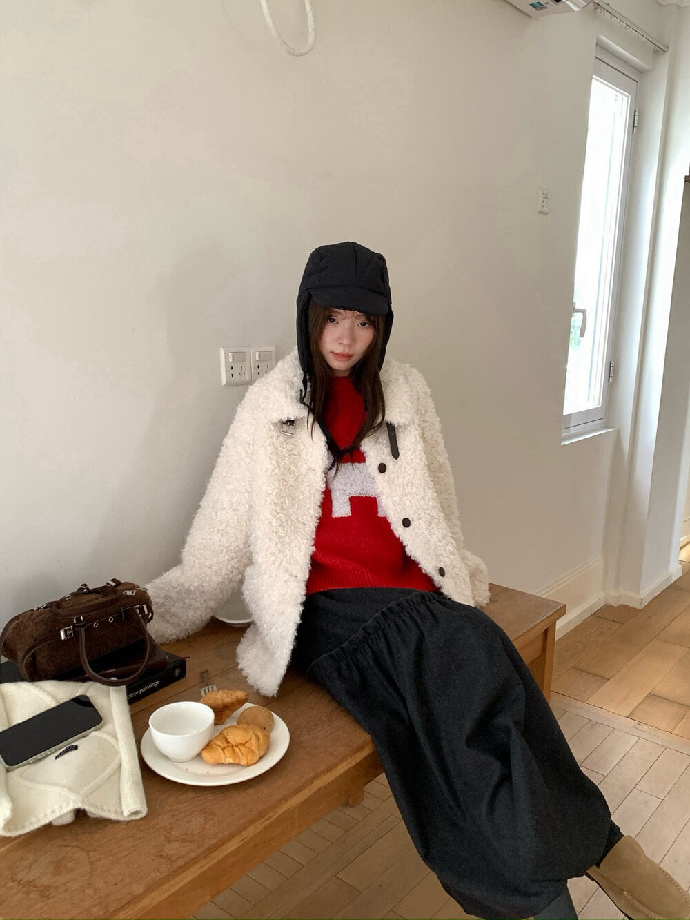 // 皮扣可立領口袋毛毛外套