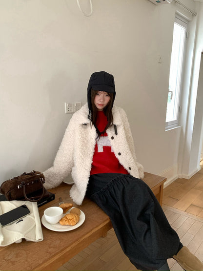 // 皮扣可立領口袋毛毛外套