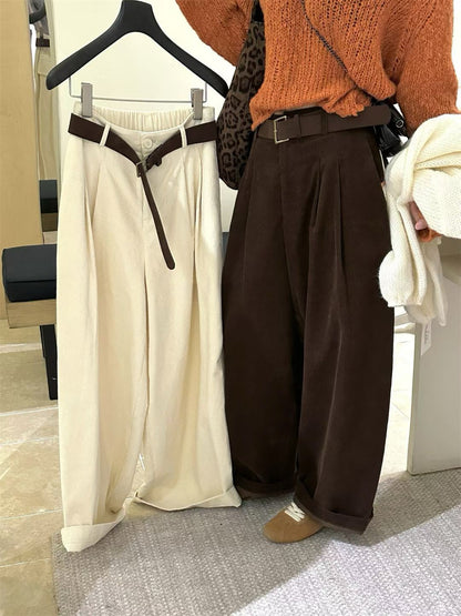 // 連絨面腰帶壓褶燈芯絨褲