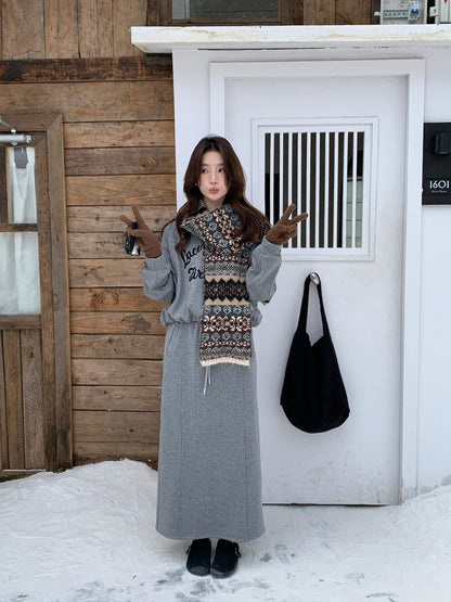 // 撞色刺繡字可束腳衛衣+中裙套裝(連頸巾)