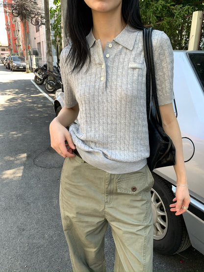 🫜 復古麻花刺繡字翻領針織上衣