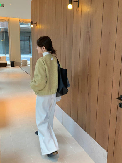 // 後貼標羊羔毛圓領夾棉外套