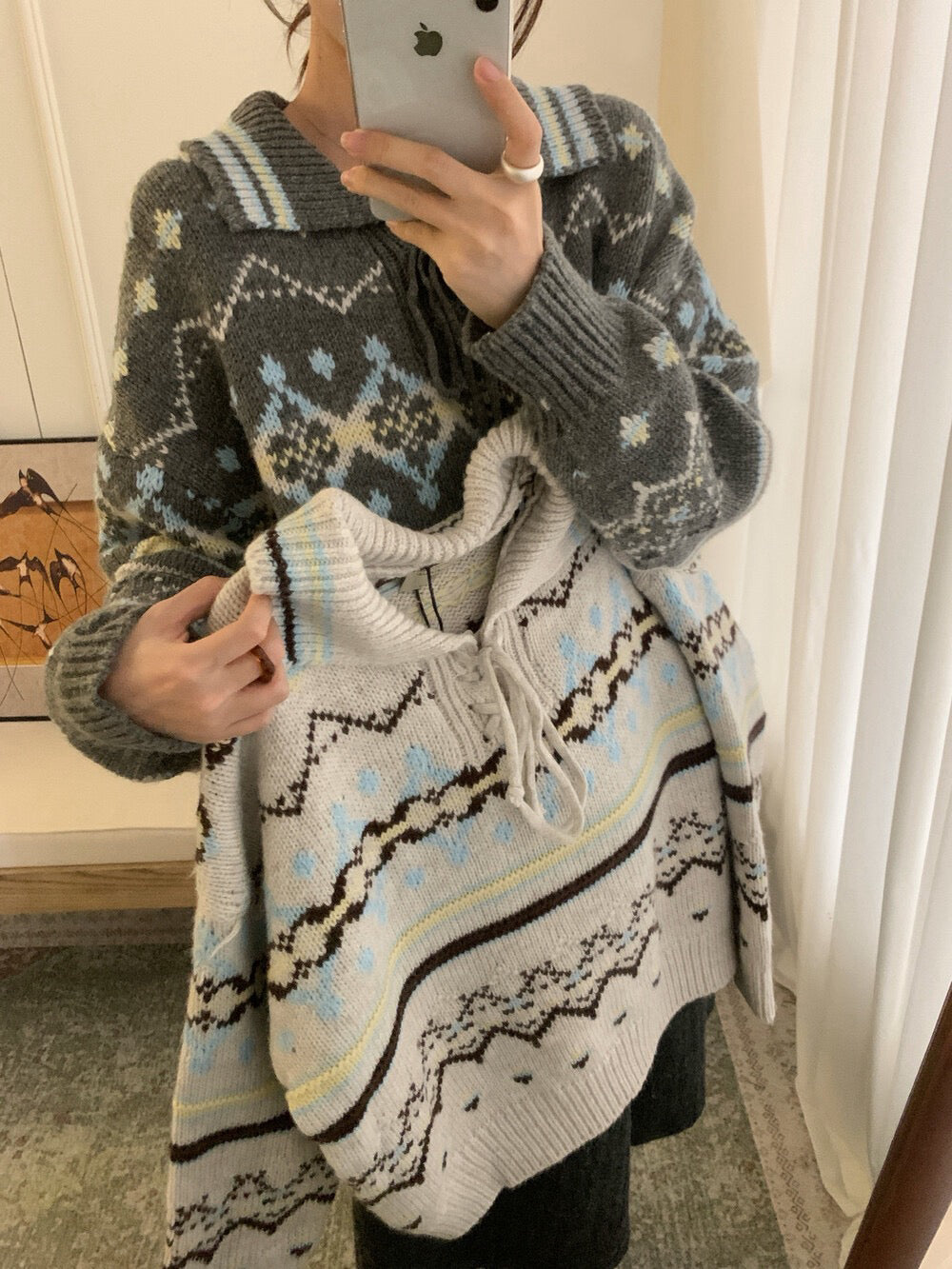 // 60%綿羊毛復古花紋綁帶翻領毛衣