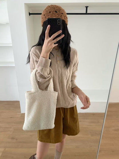 // 美美麻花織紋鈕扣翻領NT