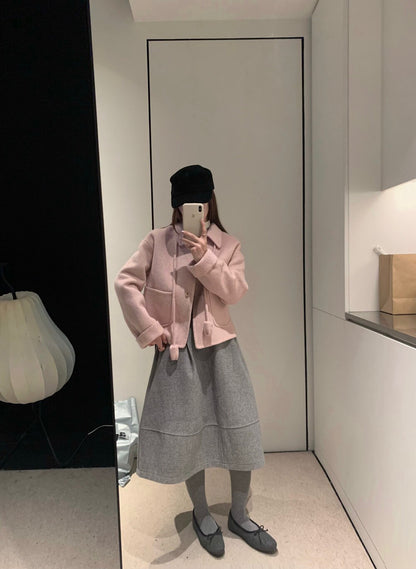 // 100%wool翻領雙口袋短款雙面手工羊毛外套(連頸繩掛飾)