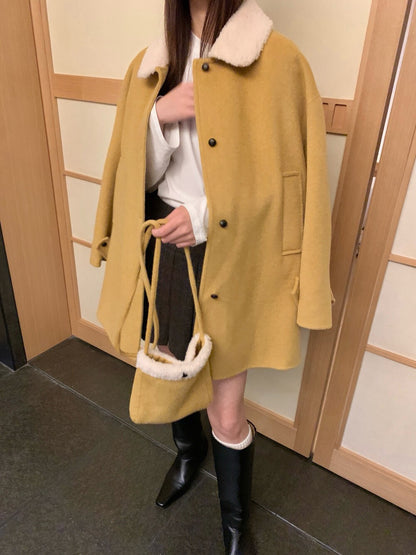 // 100%羊毛拼毛毛領中長手工外套(連袋仔)