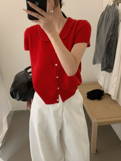 // 全羊毛心心鈕扣圓翻領小短袖NT