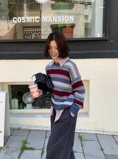 // 復古感撞色間條圓領10%羊毛NT