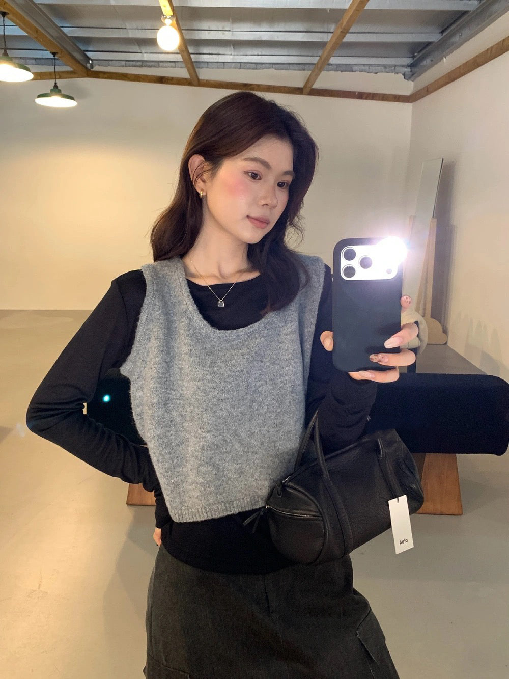 T08 / 顏色超美撞色疊穿針織背心+打底上衣兩件套