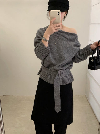 // 一字肩斜肩連腰帶NT